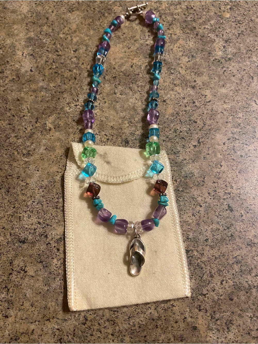 Retired James Avery Sandal Charm-Purple Teal Blue Multicolor Beaded Necklace